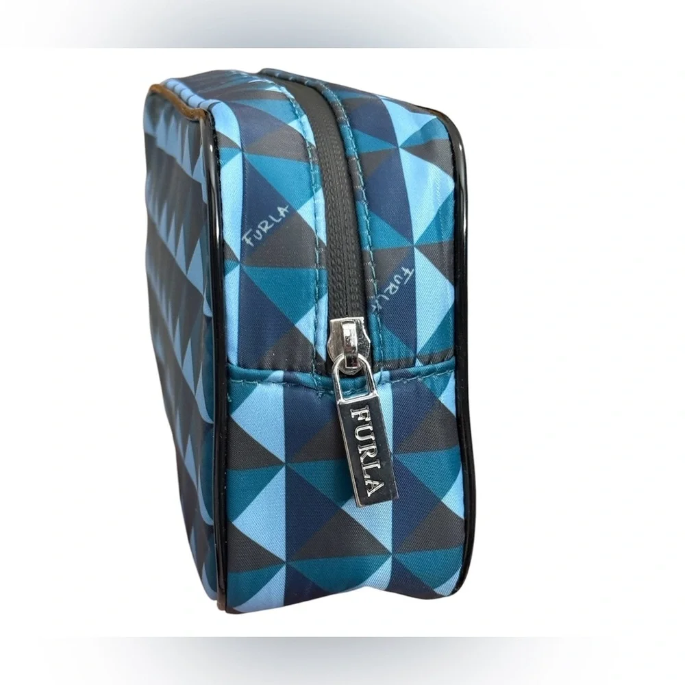 New Furla blue geometric cosmetic pouch with dust bag